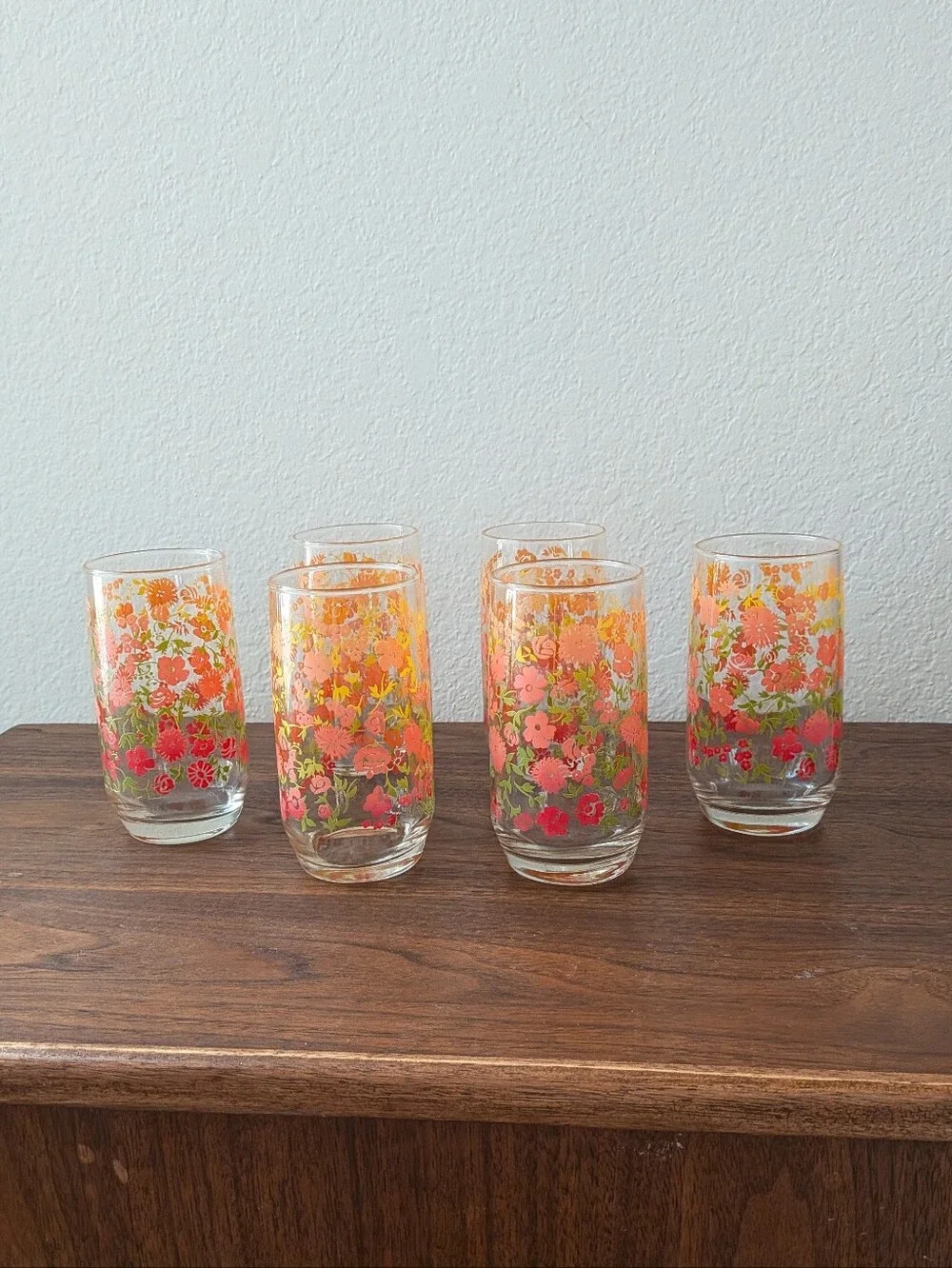 Set of 6 Retro Anchor Hocking Floral Tumblers Juice Glasses Orange Red Yellow
